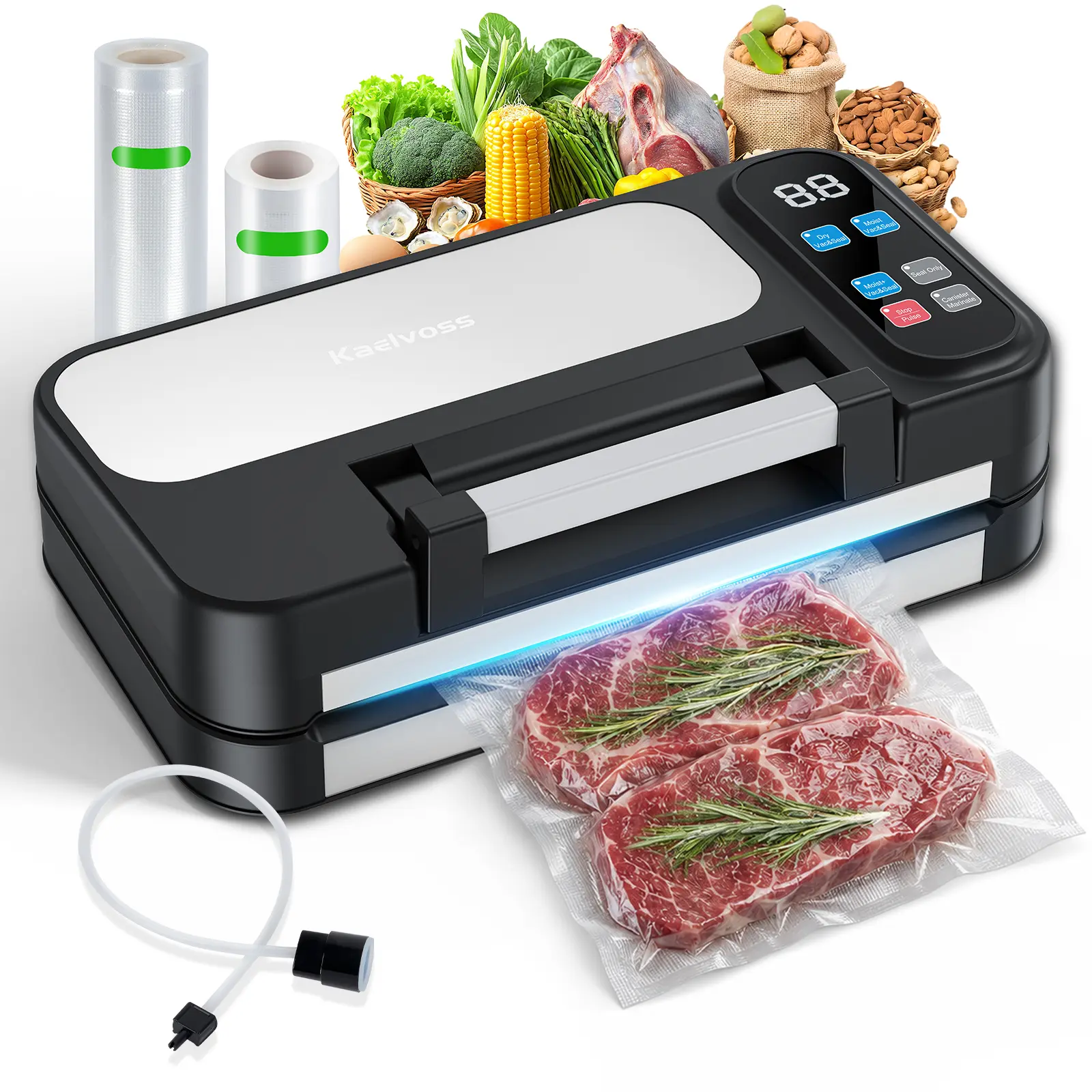 Kaelvoss Vacuum Sealer Machine for Food 95kPa Double Heat Seal with Dry Moist Modes, Dual Pumps, 10-in-1 Modes, Easy-Lock Handle, Pulse Function, Built-in Cutter & Bag Storage, with Hose and 2 Bag Rolls