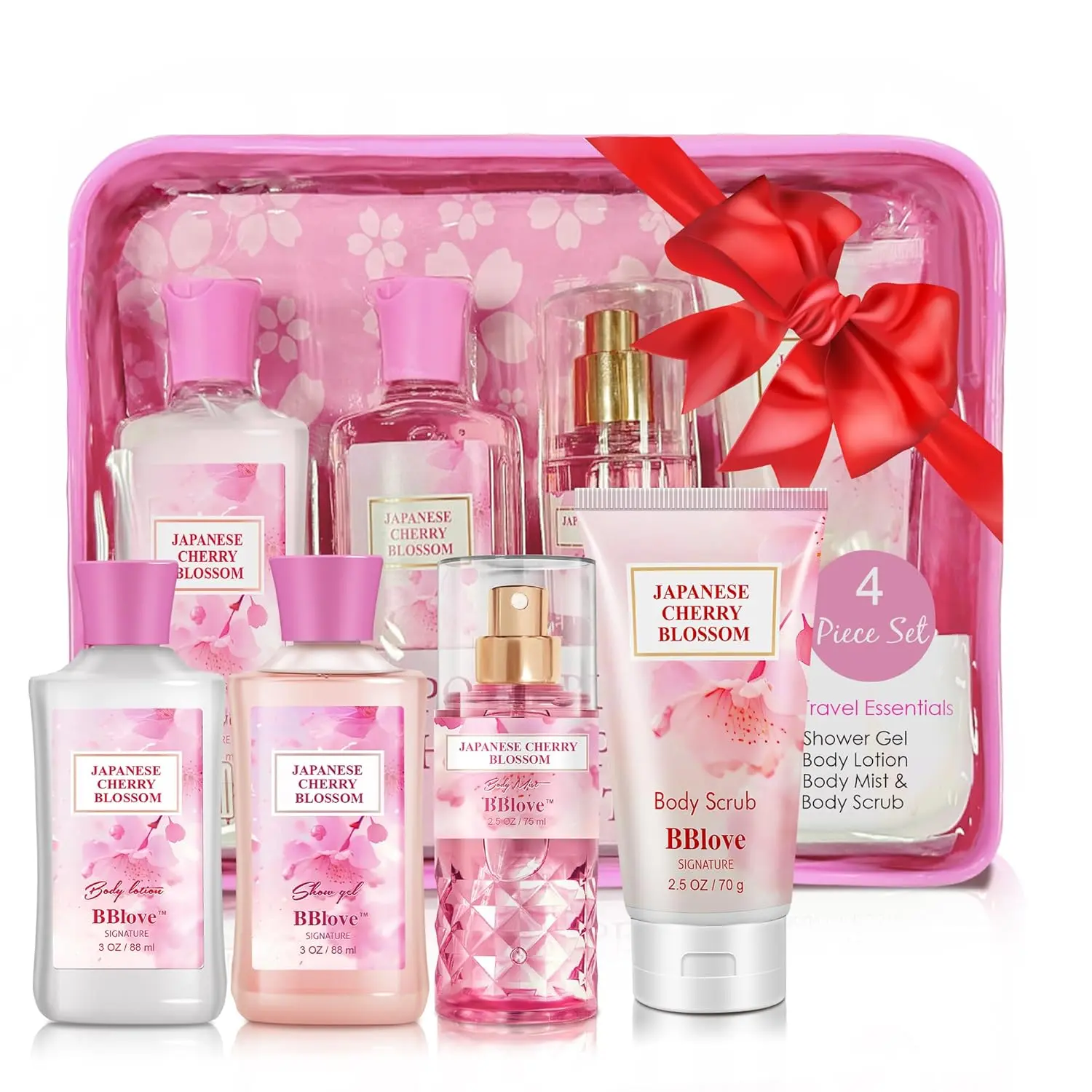 Bath and Body Gift Set for Women and Girls,Japanese Cherry Blossom,4PCS Set for-Shower Gel,Body Lotion,Body Mist,Exfoliating Scrub,Body Care Travel Set for Birthday Mother's Day Gifts