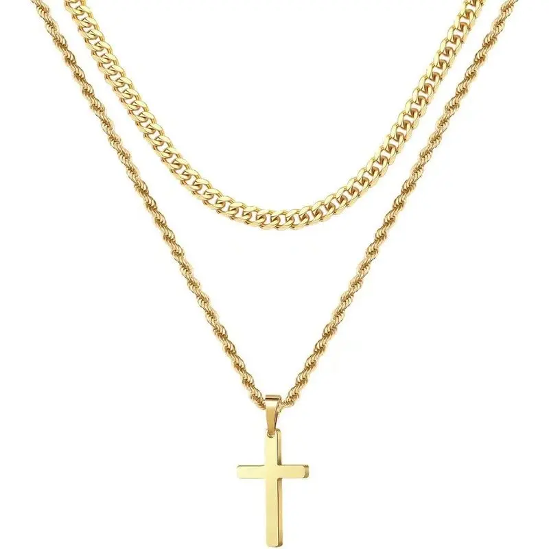 Layered Cross Necklaces for Men - 18K Gold Plated Cross Necklaces Chain for Men Boys Gifts, Silver Rope Chain Layered Necklace Jewelry 16 18 20 22 24 Inch, First Communion Gifts for Boys