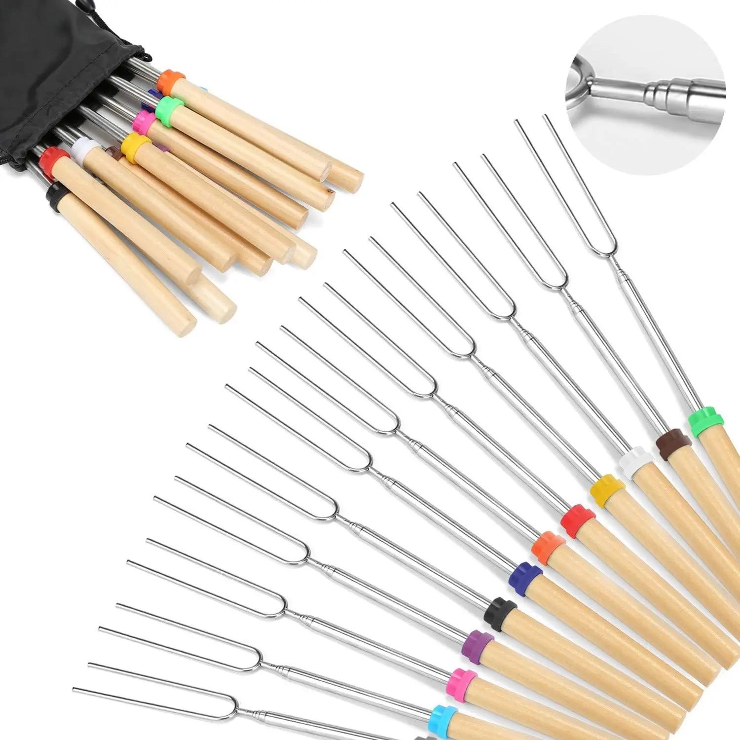 Telescoping Marshmallow Roasting Sticks Set of 12, 32 Inch Smores Skewers Hot Dog Forks with Wooden Handle & Portable Bag for Campfire Camping Stove BBQ Tools