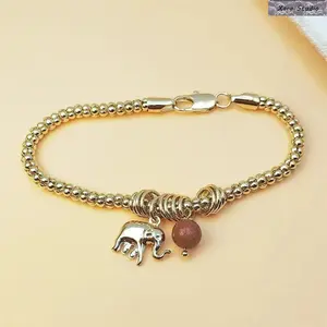 14K Gold Plated Beaded Bracelet for Women with Lucky Elephant Charm & Sunstone Pendant, Adjustable Boho Good Luck Jewelry, Spiritual Crystal Statement Bracelet for Manifestation, Healing Energy, Gift & Everyday Wear