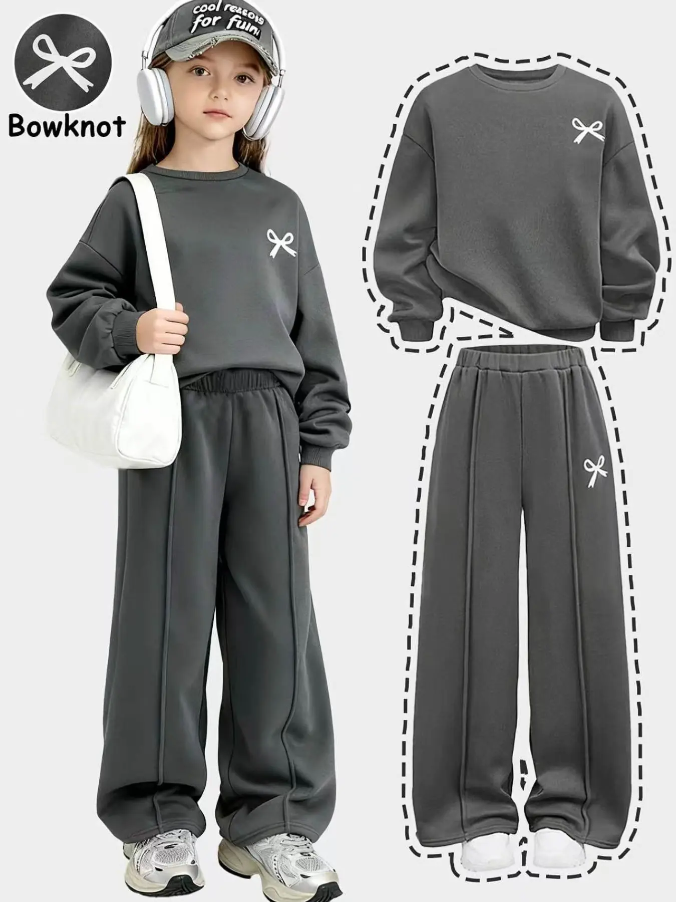Girls' Butterfly Knot Embroidered Long Sleeve Sweatshirt and Wide Leg Pants Set, Clothes, Spring Autumn Deep Casual Basic, Two-Piece Fashion Ensemble