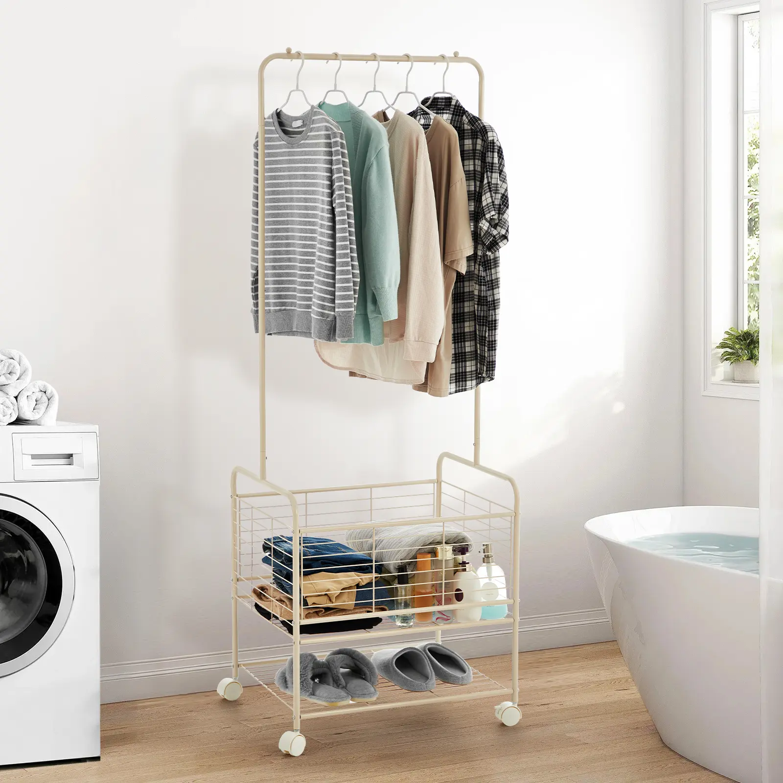 Garvee Heavy-Duty Rolling Clothes Rack with Wheels, Metal Garment Rack with Hanging Rod, Storage Basket & Shelves, Freestanding Clothing Rack/Laundry Cart for Bedroom/Bathroom/Laundry Room