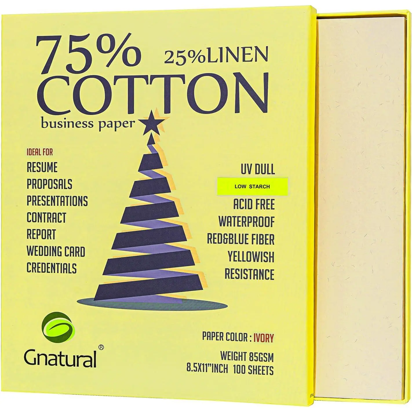75% Cotton 25% Linen Business Paper, Ivory 85gsm 8.5"W x 11"L Resume Paper, Won't Get Wet Printing Paper 100/Box with Low Starch