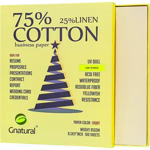 75% Cotton 25% Linen Business Paper, Ivory 85gsm 8.5"W x 11"L Resume Paper, Won't Get Wet Printing Paper 100/Box with Low Starch