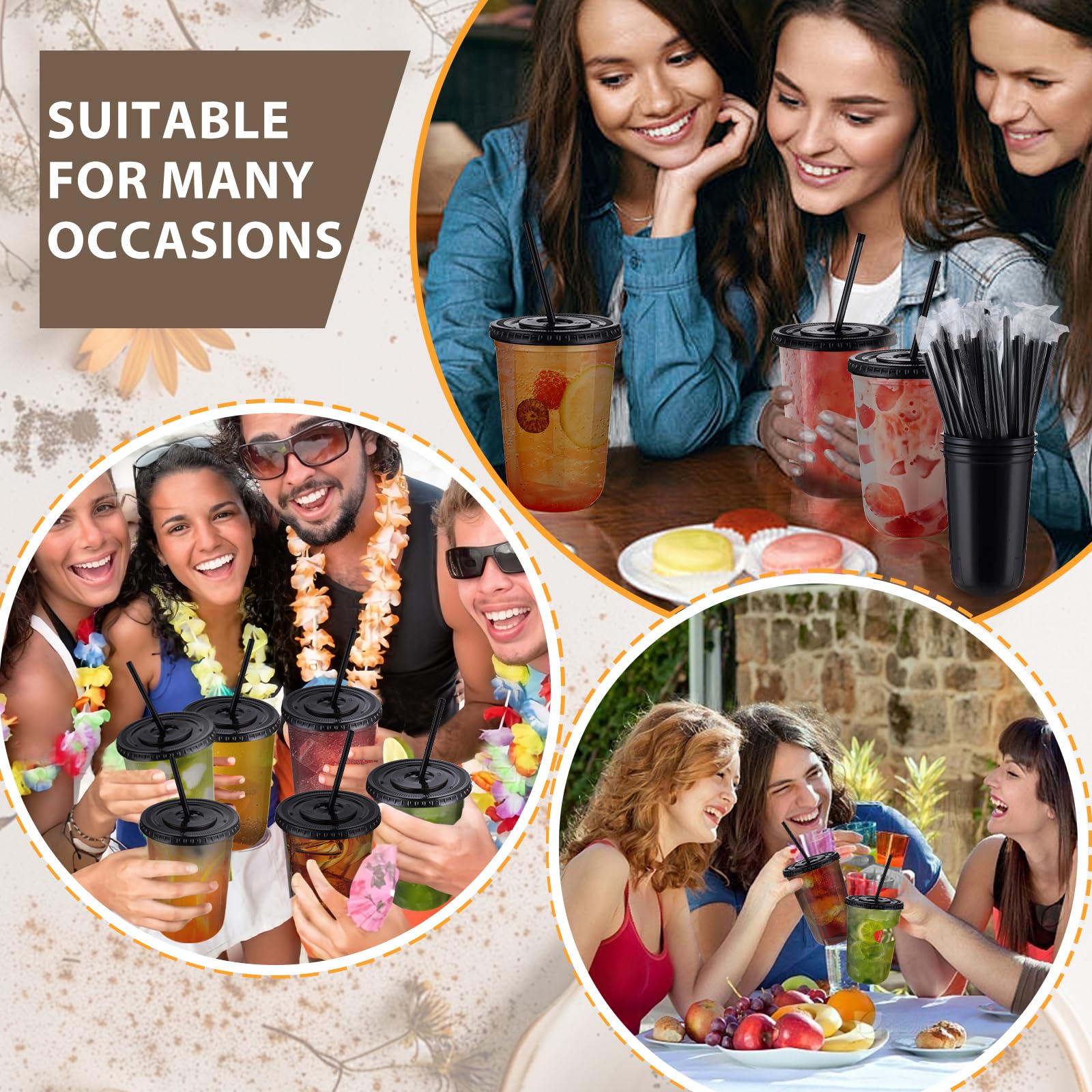 100pcs 16oz Plastic Cups with Lids & Straws – Disposable Black & Clear Cups for Cold Drinks, Smoothies, Slushies, Lemonade, Iced Coffee, Party Supplies, Halloween Pumpkin Latte Essentials