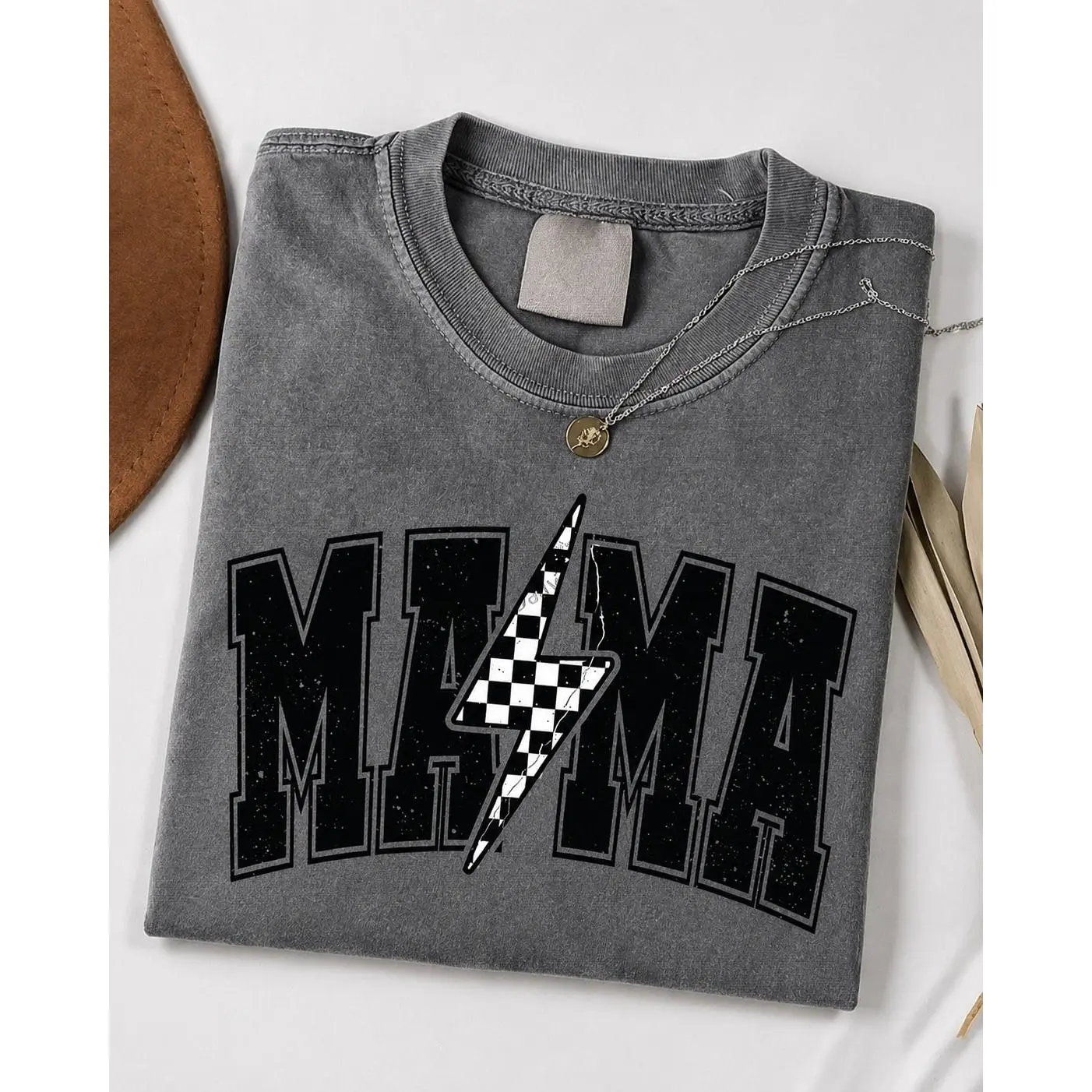 Women's Casual Cotton Round Neck Short Sleeve T-Shirt With 'Mama' Lightning Bolt Graphic, High Stretch Fabric Streetwear Top