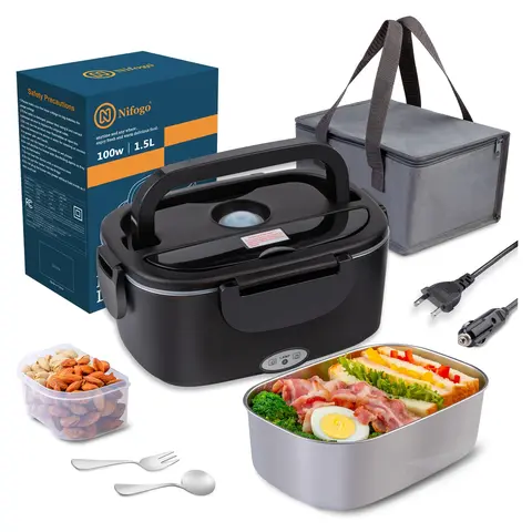 304 Stainless Steel Self Heating Lunchbox for Adults - Portable Non-Toxic Electric Food Warmer with 24V Car Adapter, 110V/12V Plug, Bento Container, Fork+Spoon, Carry Bag, Dish Cloth, Tableware & Lunch Box Accessories for Car, Home Use