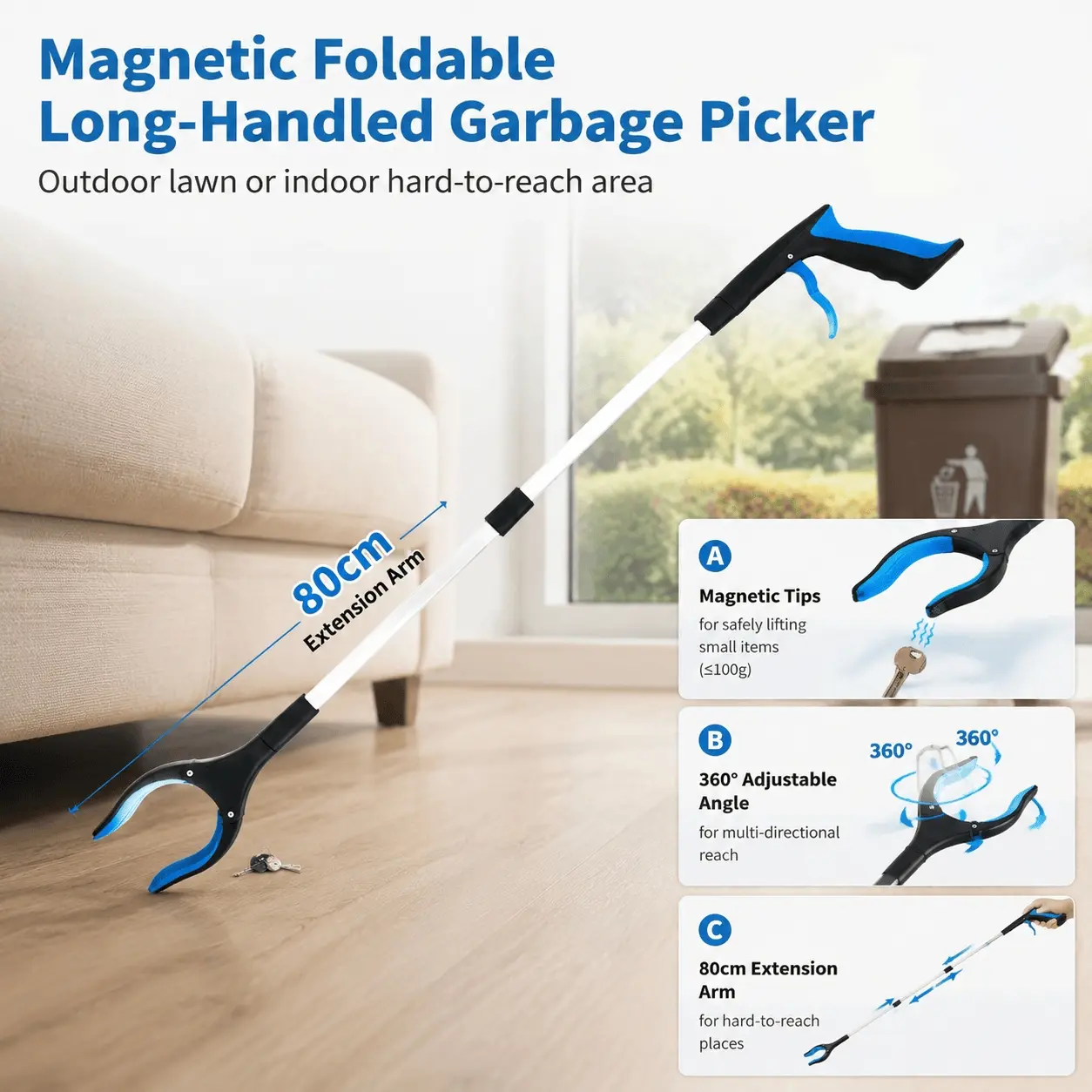 32 Inch Foldable Grabber, Heavy-Duty Slip-Resistant Reaching Tool with Adjustable Grip. Rustproof Aluminum Alloy for Multi-Purpose Use: Garden Cleanup, Kitchen & Bathroom High Reach Aid, Mobility Assistance.