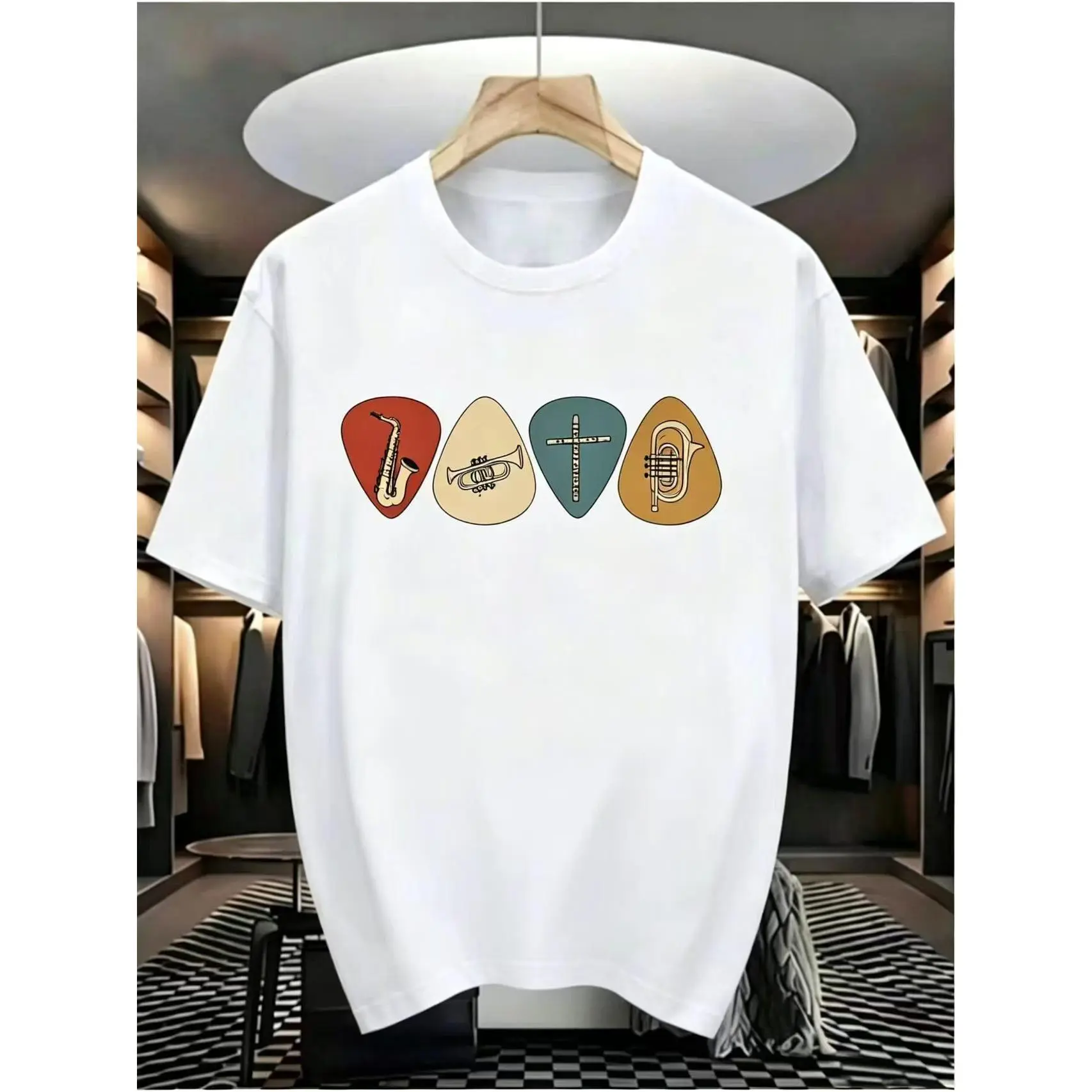Vintage Jazz Musical Instrument Graphic Short-Sleeve Round Neck Regular Fit T-Shirt - Guitar Pick, Saxophone, Trumpet, Flute, Tuba, Retro Colorful Plectrum Casual Top For Musicians