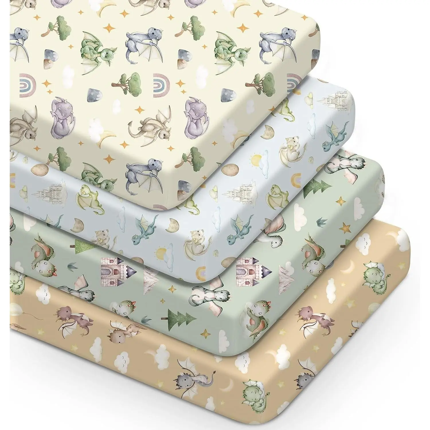 4 Pcs Watercolor Dragon Crib Sheet Set Newborn Bedding Nursery Baby Sheets for Girl Boys Baby Gifts for Standard Crib and Toddler Mattresses, 52 x 28 x 8 Inches