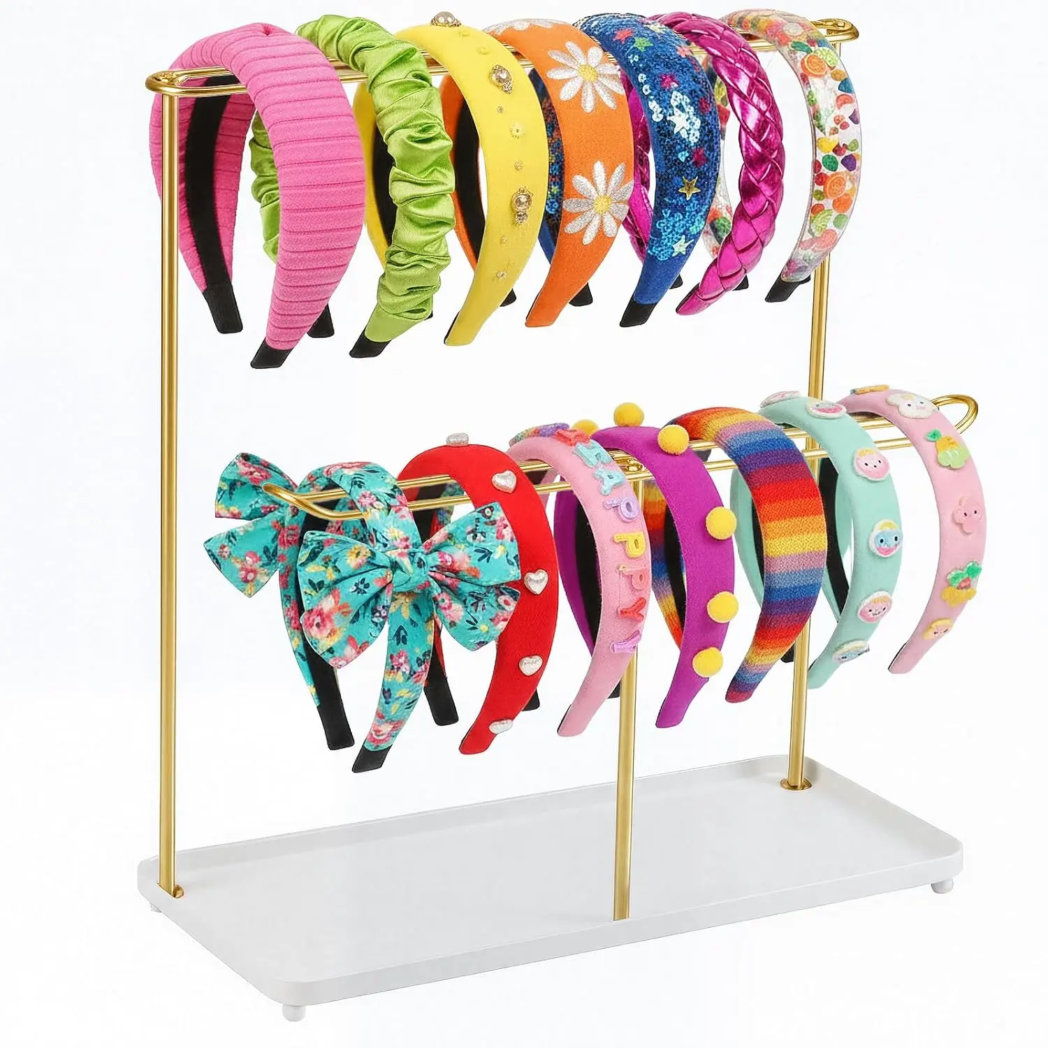 Headband Holder Organizer Metal 2-Tier with Tray, Necklace Storage Hairband Rack Hair Accessories Display Stand Stand  Bedroom College Dorm Decor for Girls Women ()