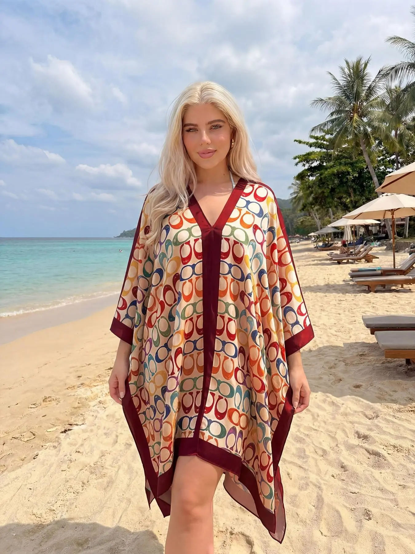 Women's V-Neck Lightweight Satin Beach Wrap, Colorblock All over Print, Loose Fit, Slimming, Summer Essential, Daily Wear
