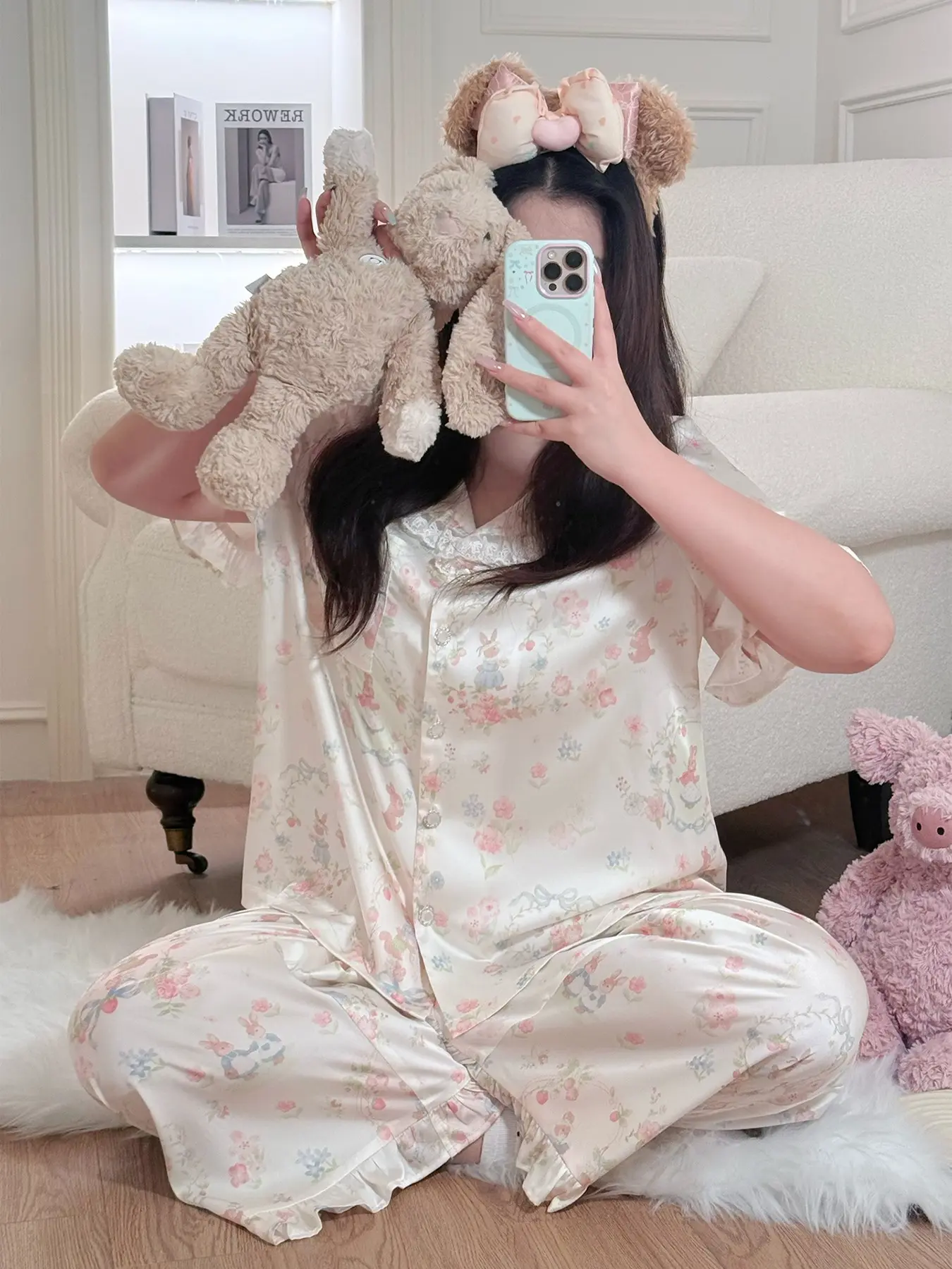 Plus Size Women 2-Piece Pajama Set, Short Sleeve Lace Collar Floral Bunny Print Button Top & Ruffle Long Pants, Ladies Home Loungewear Spring Summer