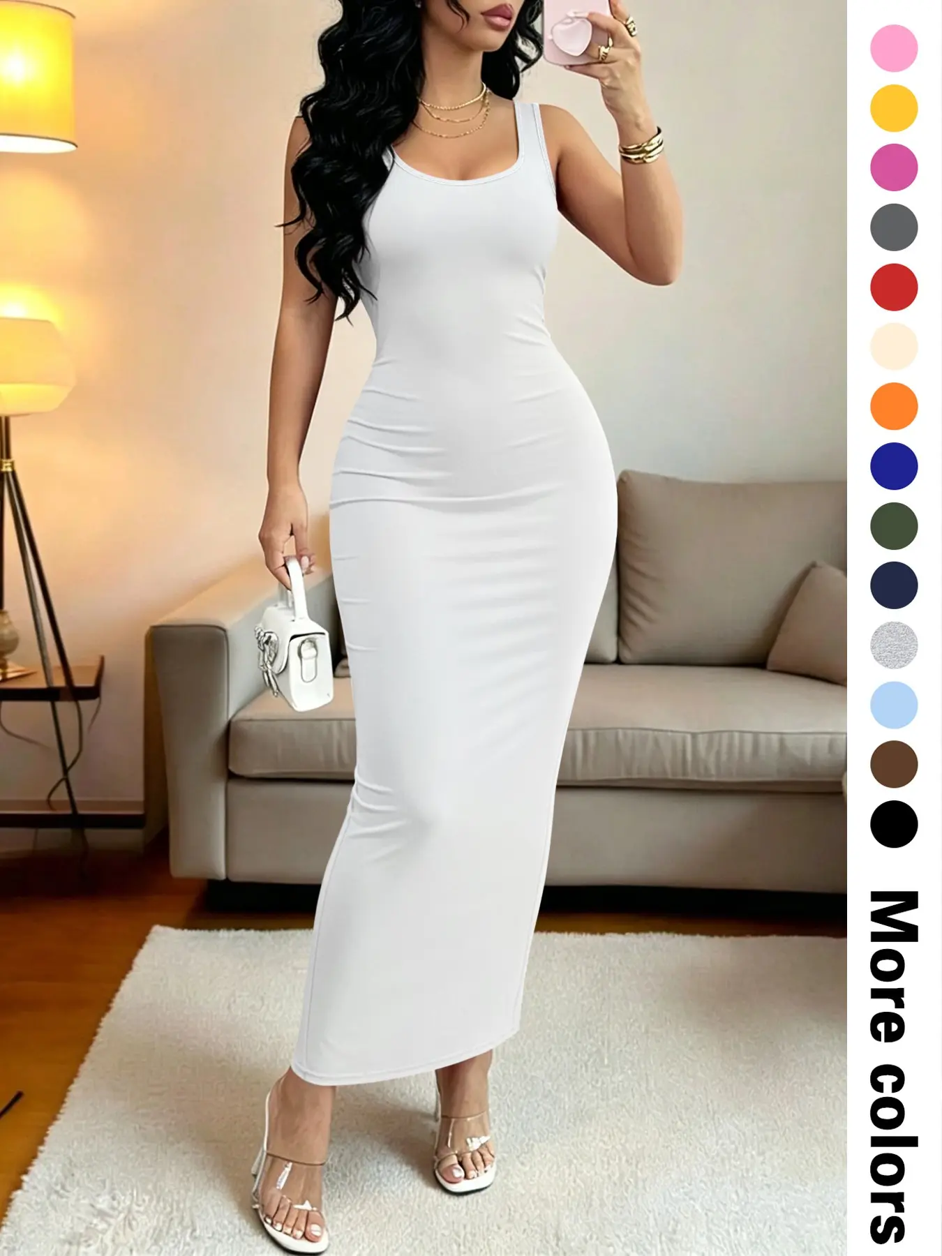 Summer Chic Sleeveless Backless Long Dress, Slim-Fitting Plain Surface, Casual Style, Unlined, Weighted at Least 88.2g Per Square Meter