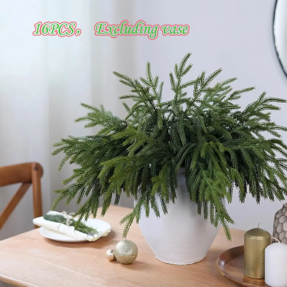 16 Pcs Christmas Norfolk Pine Branches, 18 Inch Soft Textured Artificial Norfolk Pine Branch Faux Cedar Pine Stem Fake Greenery Picks for Vase DIY Garland Wreath Home Decoration