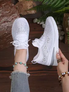 Full Rhinestone Knit Heeled Mom Shoes, Comfortable Breathable Mesh Casual Shoes, Lightweight Rhinestone Wedge Sports Shoes
