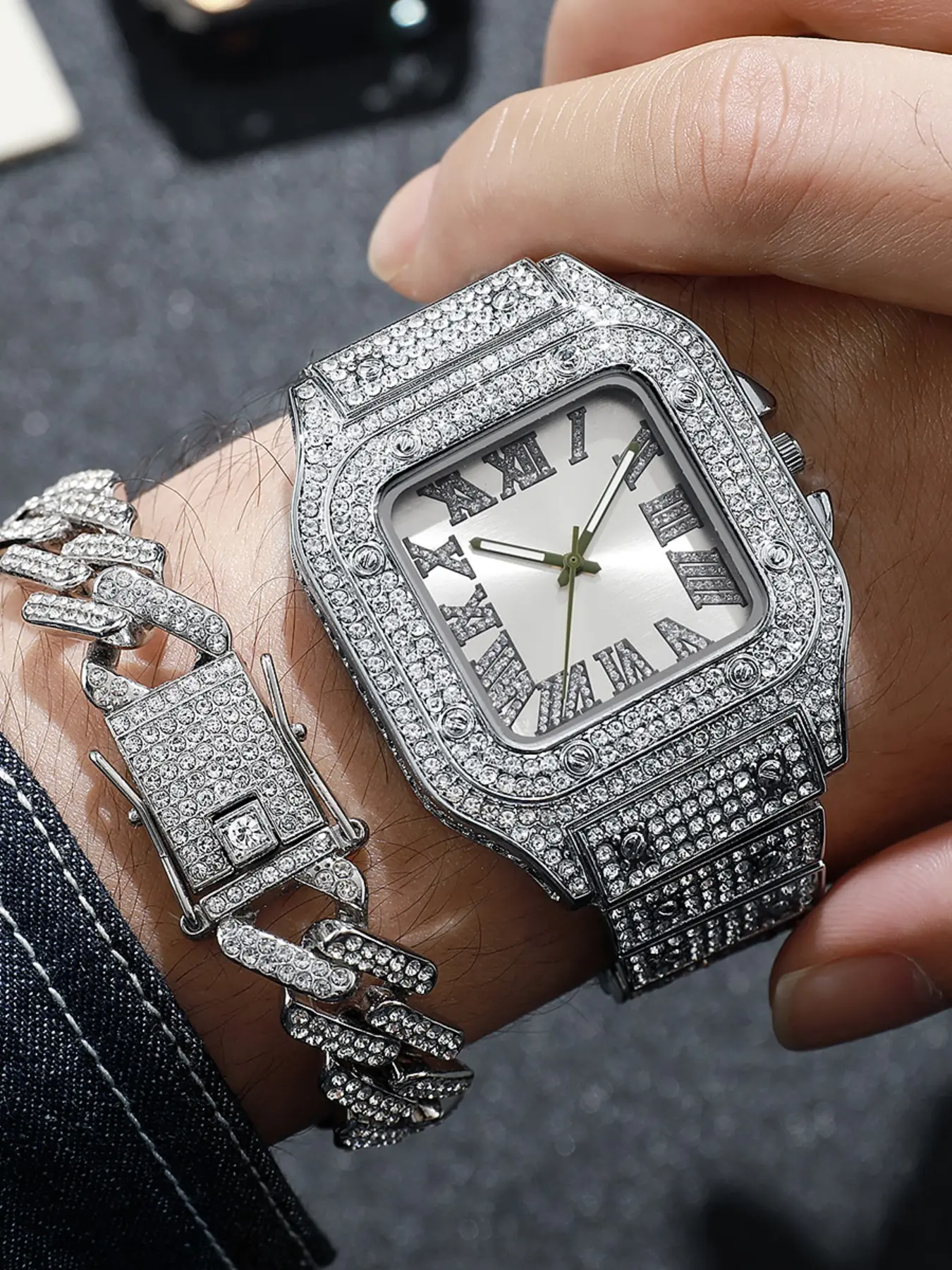 Roman Numeral Diamond Watch Set, Wide Cuban Chain Bracelet, High Shine Metal Texture, Street Style, Fall Trendy Jewelry, All Seasons, Quartz Movement
