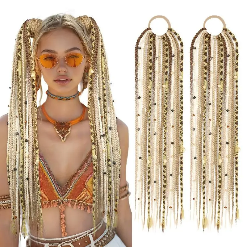 20 Inch Boho Hand Braided Ponytail Hair Extension with Viking Beads, High Temperature Lightweight Synthetic Hairpiece with Hair Tie Included, Hair Extensions, Synthetic Hair Extensions