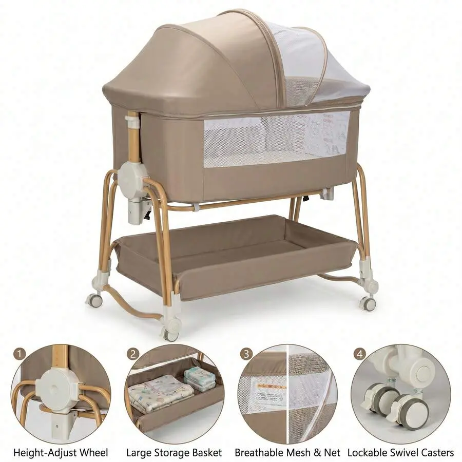 4-in-1 Baby Changing Table and Bedside Diaper Station - Portable Rocking Care Station with Breathable Mesh & Wheels, 7 Adjustable Heights & Storage Basket - Nursing Station for Newborn