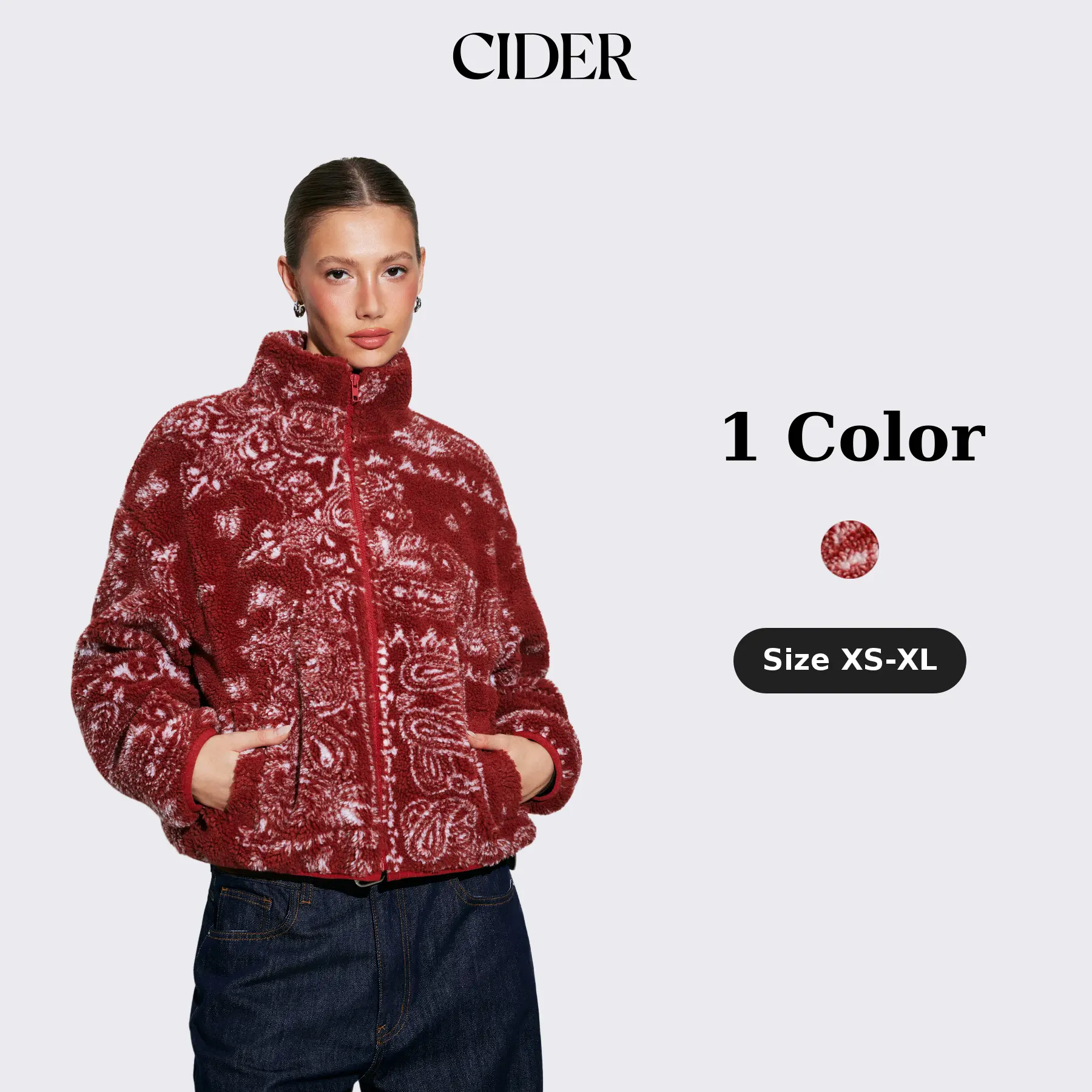 Cider Fleece Stand Collar Paisley Print Oversized Jacket