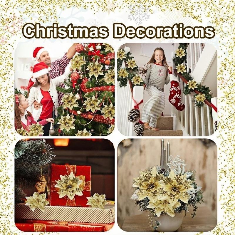 6-24Pcs 15cm Artificial Christmas Flowers with Clips Stems, Xmas Tree Ornaments Glitter Flower for Garland New Year Party Decor