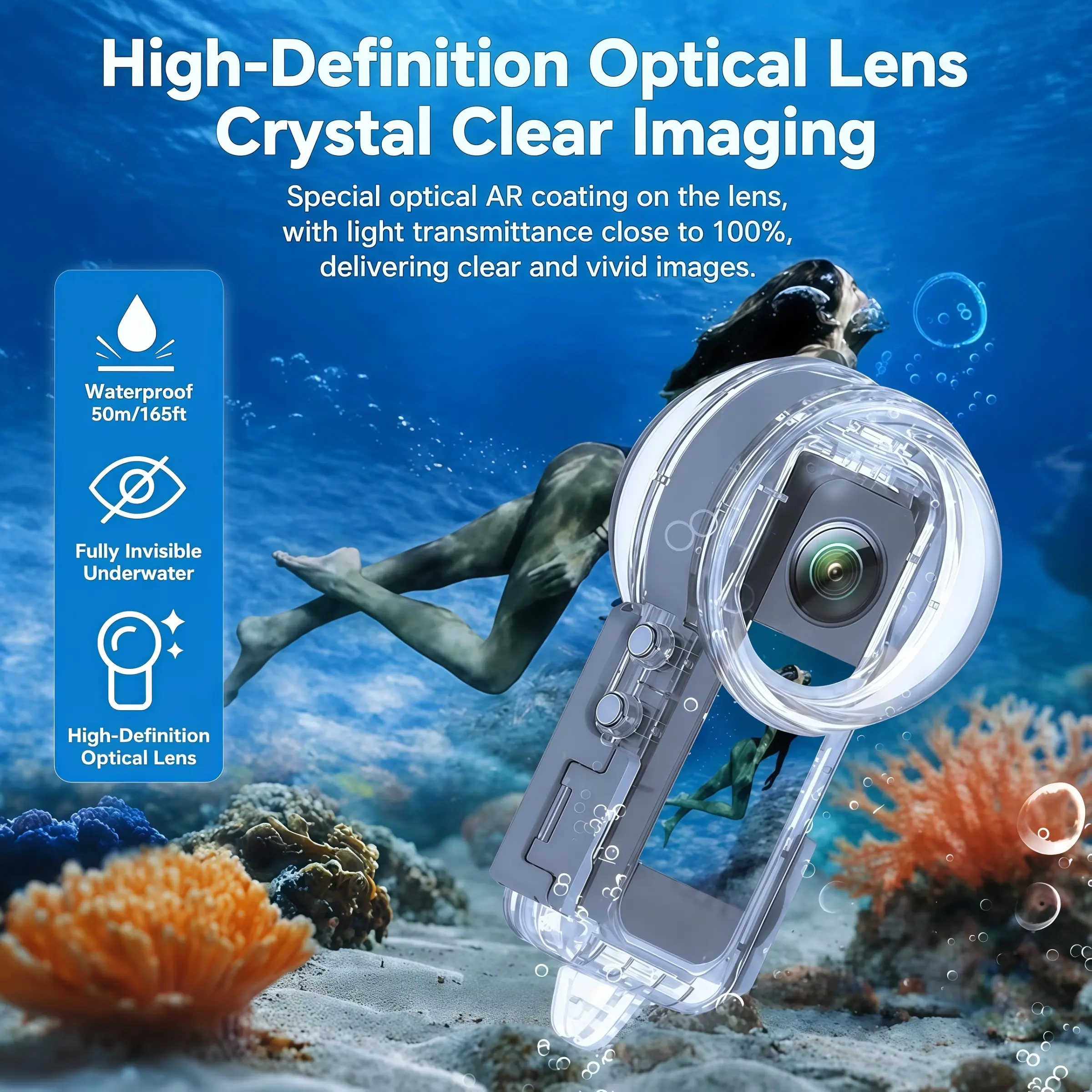Waterproof Underwater Case for Insta360 X5, Full Invisible Dive Housing, Sealed High Transparency, Durable Protection, 360 Camera Lens Accessory for Snorkeling, Scuba Diving, Surfing