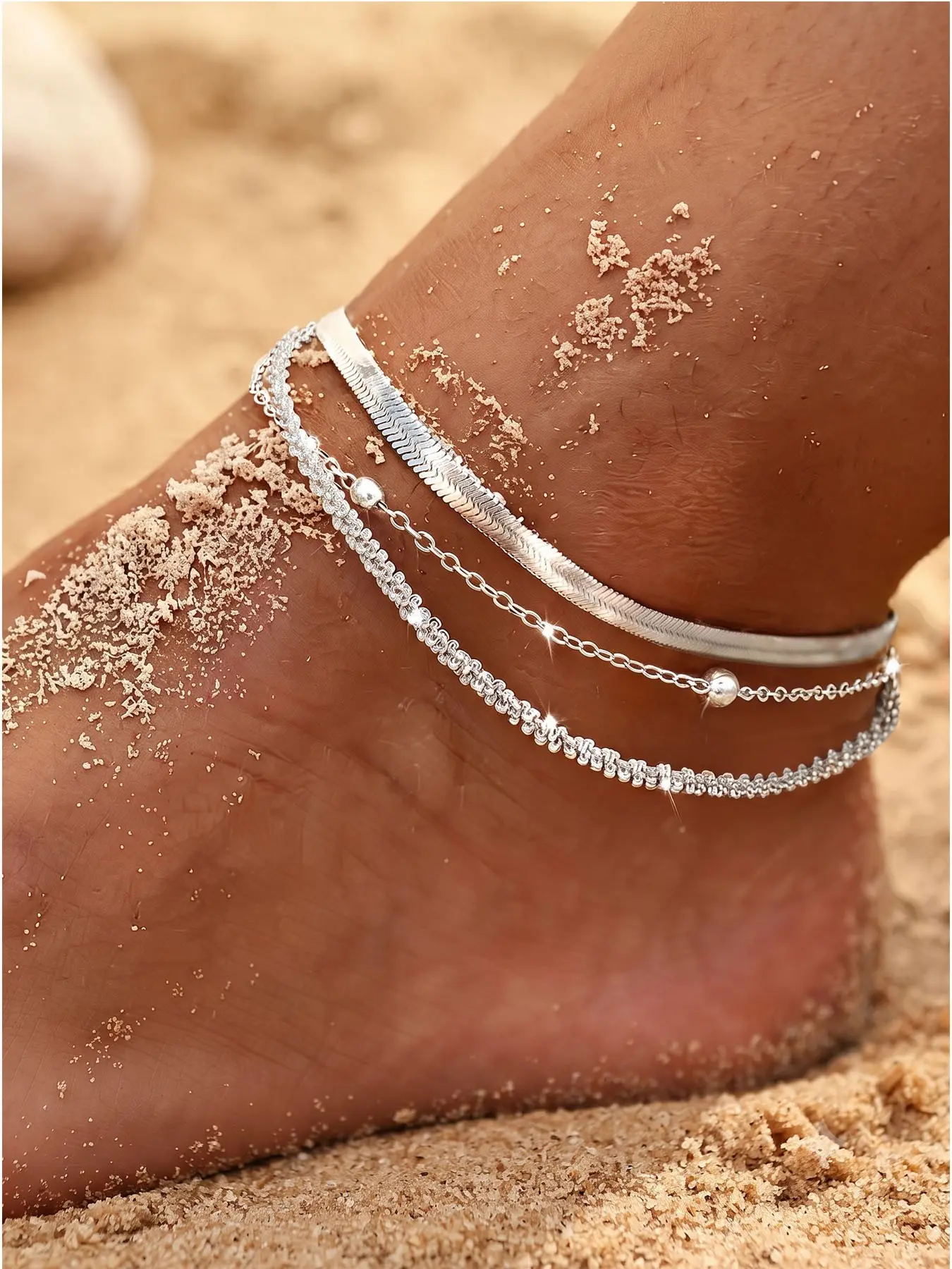 3pcs Tewiky Silver Color Ankle Bracelets for Women, Dainty Layered Waterproof Anklet, Adjustable Sparkly Herringbone Beaded Rope Chain Set