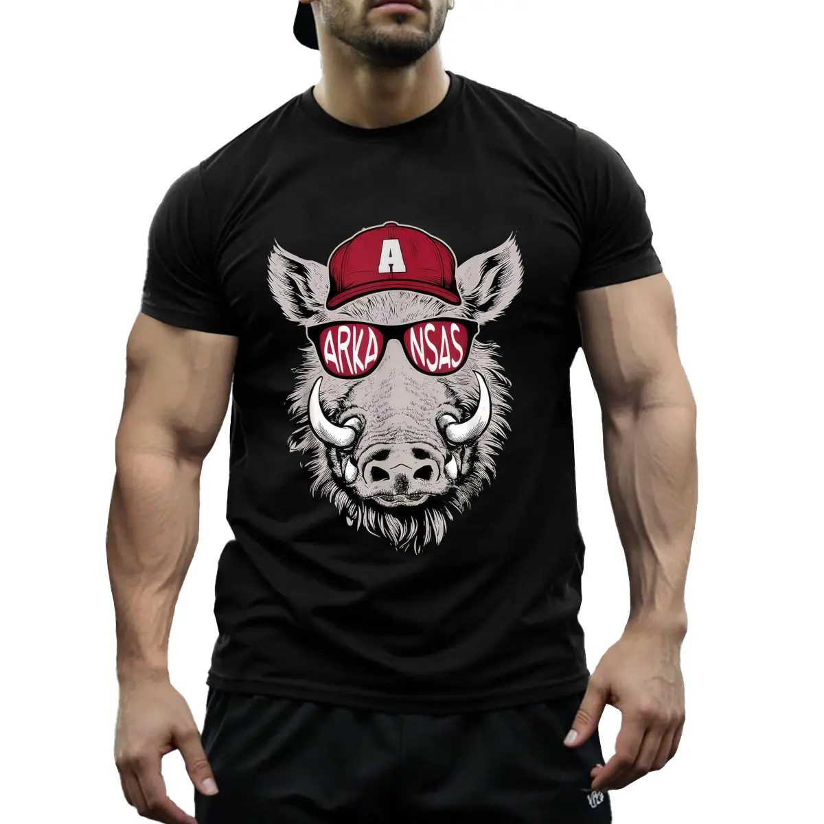 Men's Arkansas Proud Hog Graphic T-Shirt - 180G Pure Cotton Retro Casual Tee with Fashion Glasses & Cap Design, Regular Fit Short Sleeve Shirt for Razorback Fans, Everyday Clothing, Bold Print Shirt, Nontransparent Fabric