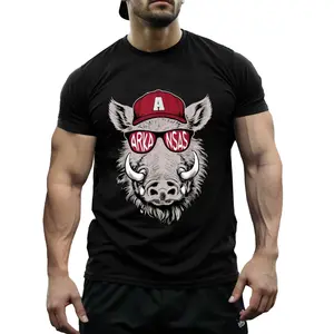 Men's Arkansas Proud Hog Graphic T-Shirt - 180G Pure Cotton Retro Casual Tee with Fashion Glasses & Cap Design, Regular Fit Short Sleeve Shirt for Razorback Fans, Everyday Clothing, Bold Print Shirt, Nontransparent Fabric