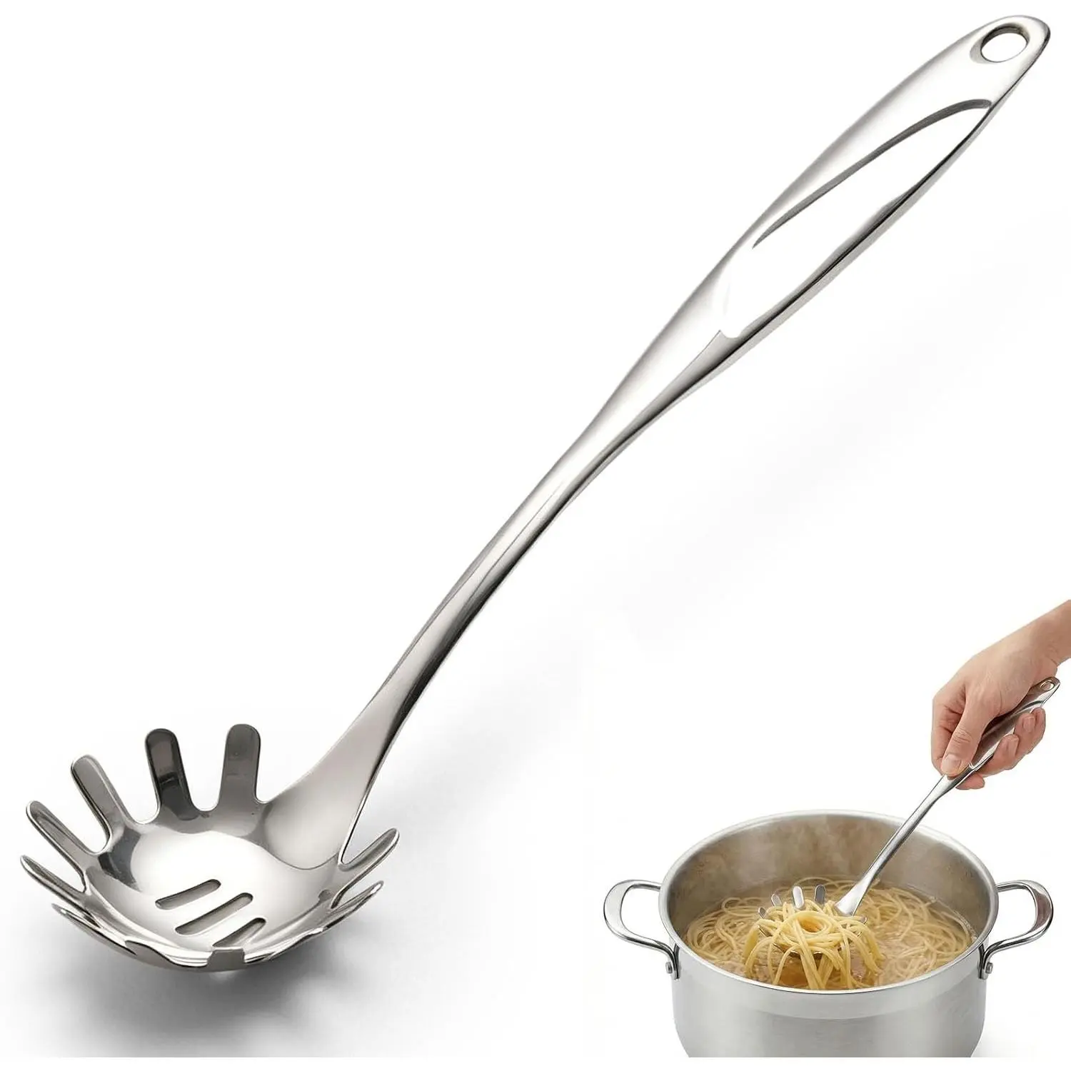 HANSGO Stainless Steel Pasta Server, 13 Inch Spaghetti Fork with Teeth & Drainage Holes - Heat Insulated Handle for Serving Pasta, Stirring Sauces, Tossing Salads & Draining Vegetables