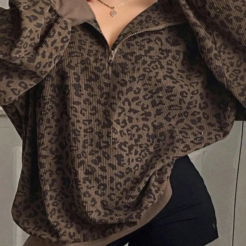 Women's Plus Size Fashion Casual Zipper Long Sleeve Leopard Print Winter Sweatshirt, Tops, Daily Wear, Perfect for Dates
