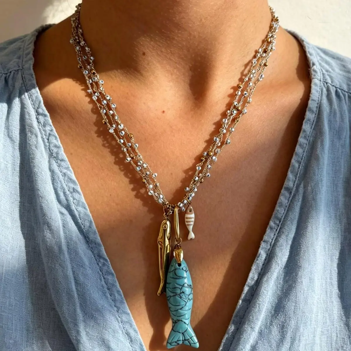 Aesthetic Multi-Layer Fabric Beaded Charms Choker Necklace - Non-Tarnish Natural Stone Fish Pendant, Retro Ethnic Casual Stackable Spiritual Accessory, Unique Sister Gift Idea