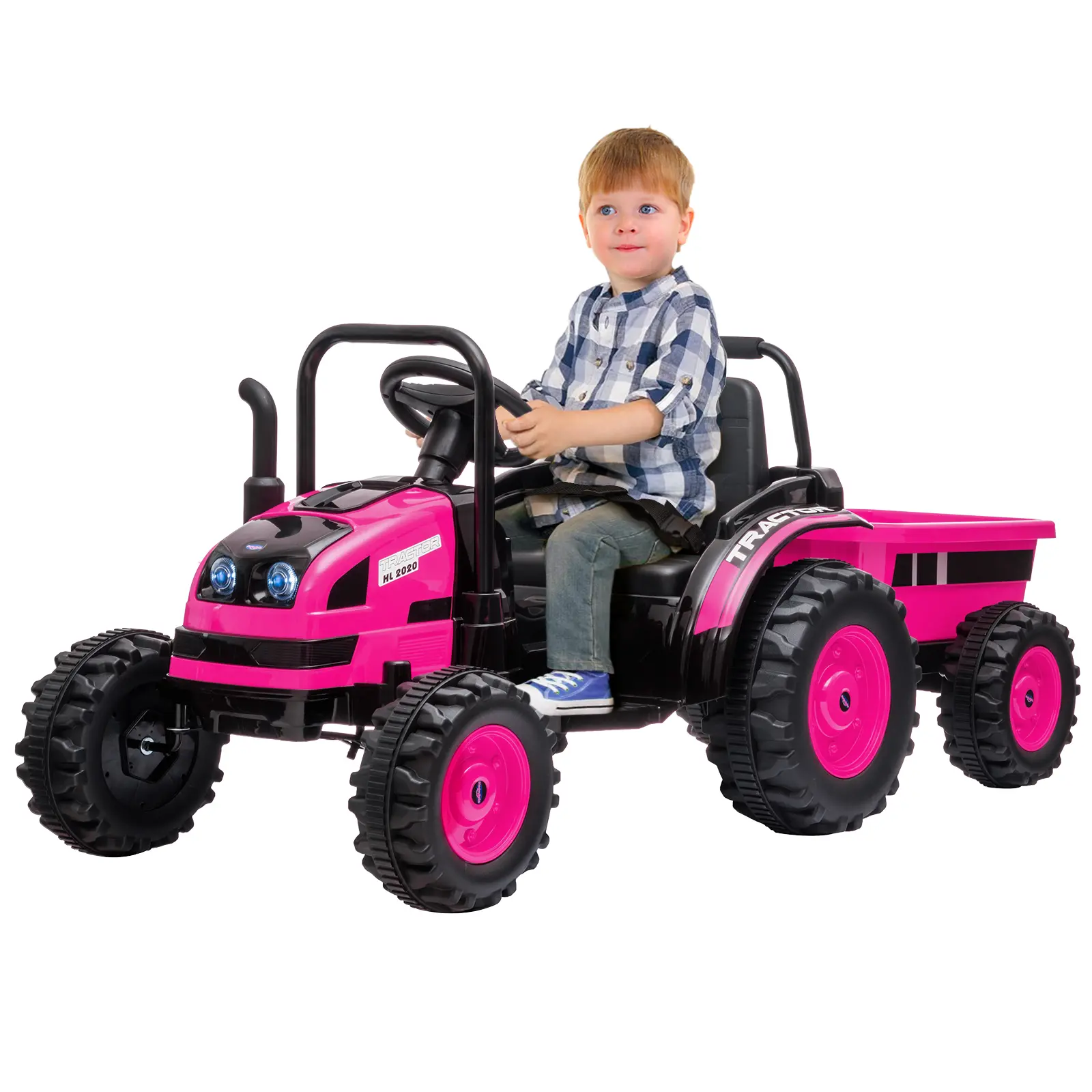 Kids Ride On Tractor with Trailer, 12V Battery Powered Electric Tractor with Remote Control, Music, USB, Led Lights, Audio, Safety Belt, 35W Dual Motors, Unload Button