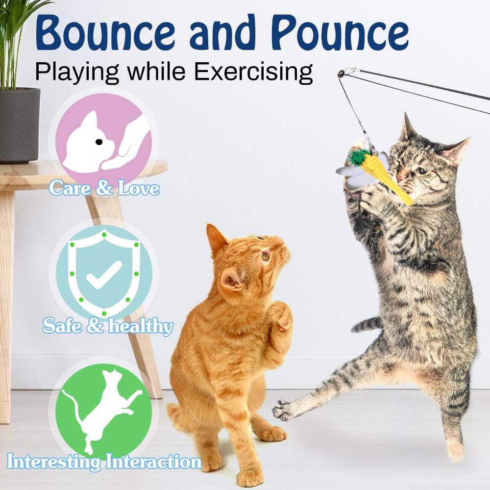 Cat Feather Toys, 4 Pack Interactive Cat feather Teaser Wand Toys, Retractable Fishing Pole Wand Catcher Exerciser with Refill Fish, Dragonfly Worm with Bells, Fun Cat Kitten Kitty Playing Toy