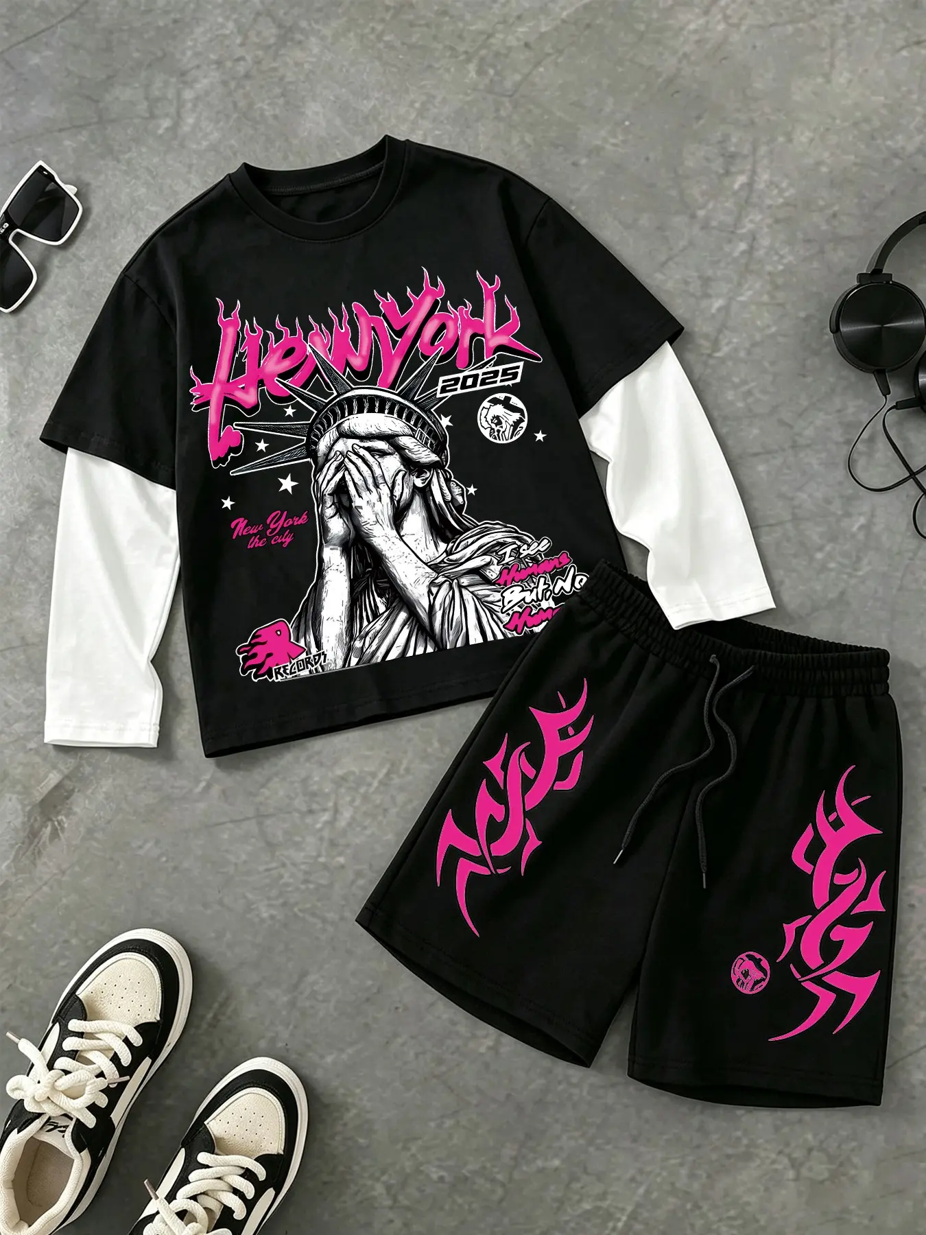 Y2K Streetwear 2‑Piece Set, Fake Two‑Piece Long‑Sleeve Tee + Drawstring Shorts, Cool Liberty Statue New York Graffiti Print, Loose Fit Outfit For Boys Girls, Casual Sport Outfit For School Street Skate Daily Wear