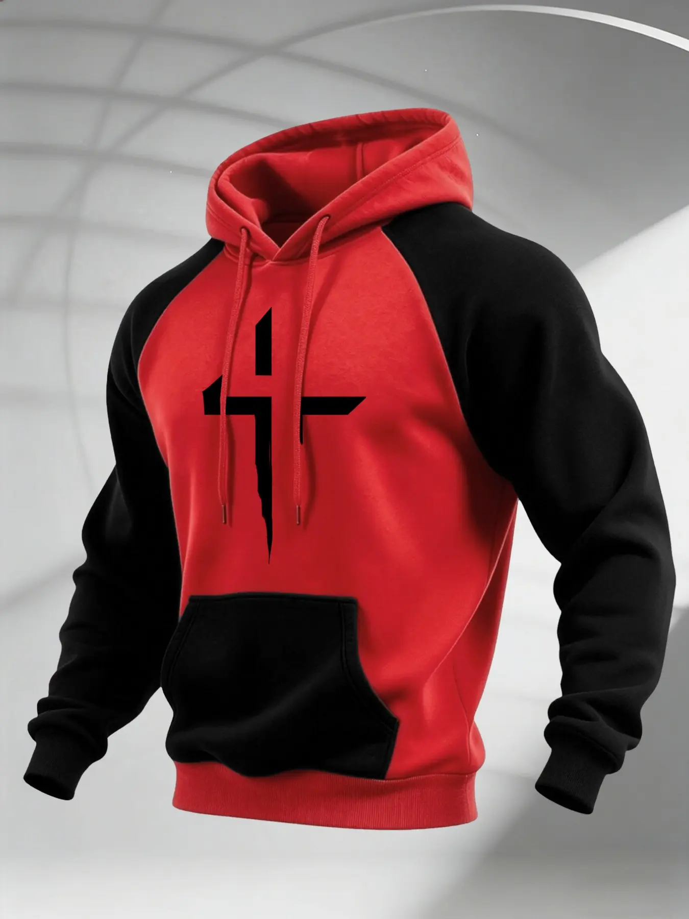 Men Raglan Sleeve Pullover Hoodie, Minimalist Distressed Cross Graphic Print, Kangaroo Pocket Drawstring Soft Faith Casual Streetwear Sweatshirt #CrossPrintHoodie #RaglanSweatshirt #FaithStreetwearTop