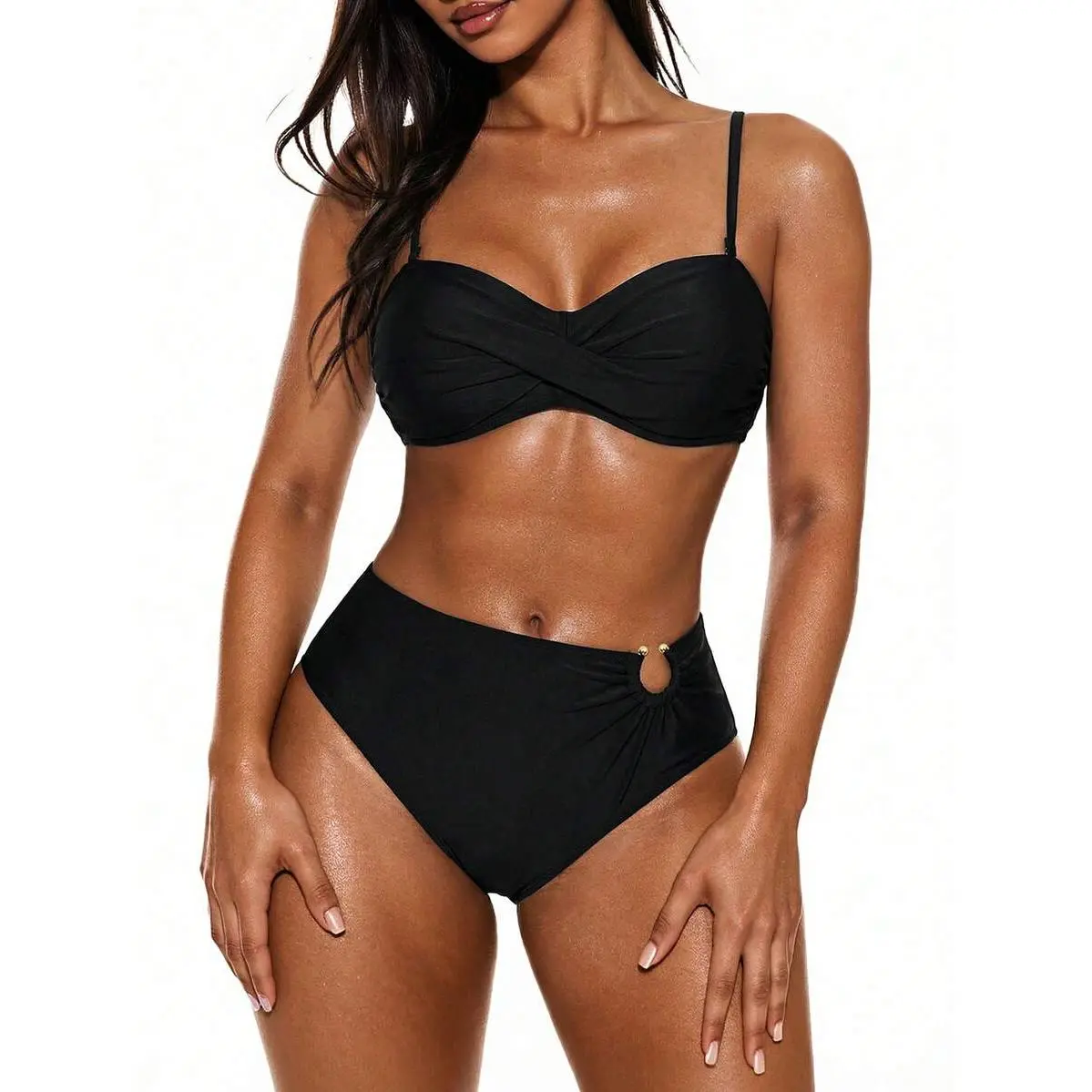 Women's Boho 2-Piece Bikini Set, Push Up Bandeau Top with Detachable Straps and Tummy Control Cutout Bottoms for Swimming, Polyamide Blend, Machine Wash, Swimsuit For Women, Crop Top, Two-Pieces