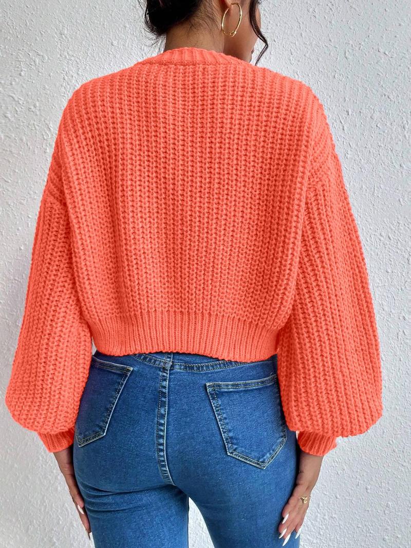 Women's Plain Bishop Sleeve Button Front Cardigan, Lady Casual Long Sleeve V Neck Knitwear for Fall & Winter, Fashion Women's Knit Clothes for Daily Wear, Women's Sweaters, Womenswear, Knitting Tops for Women