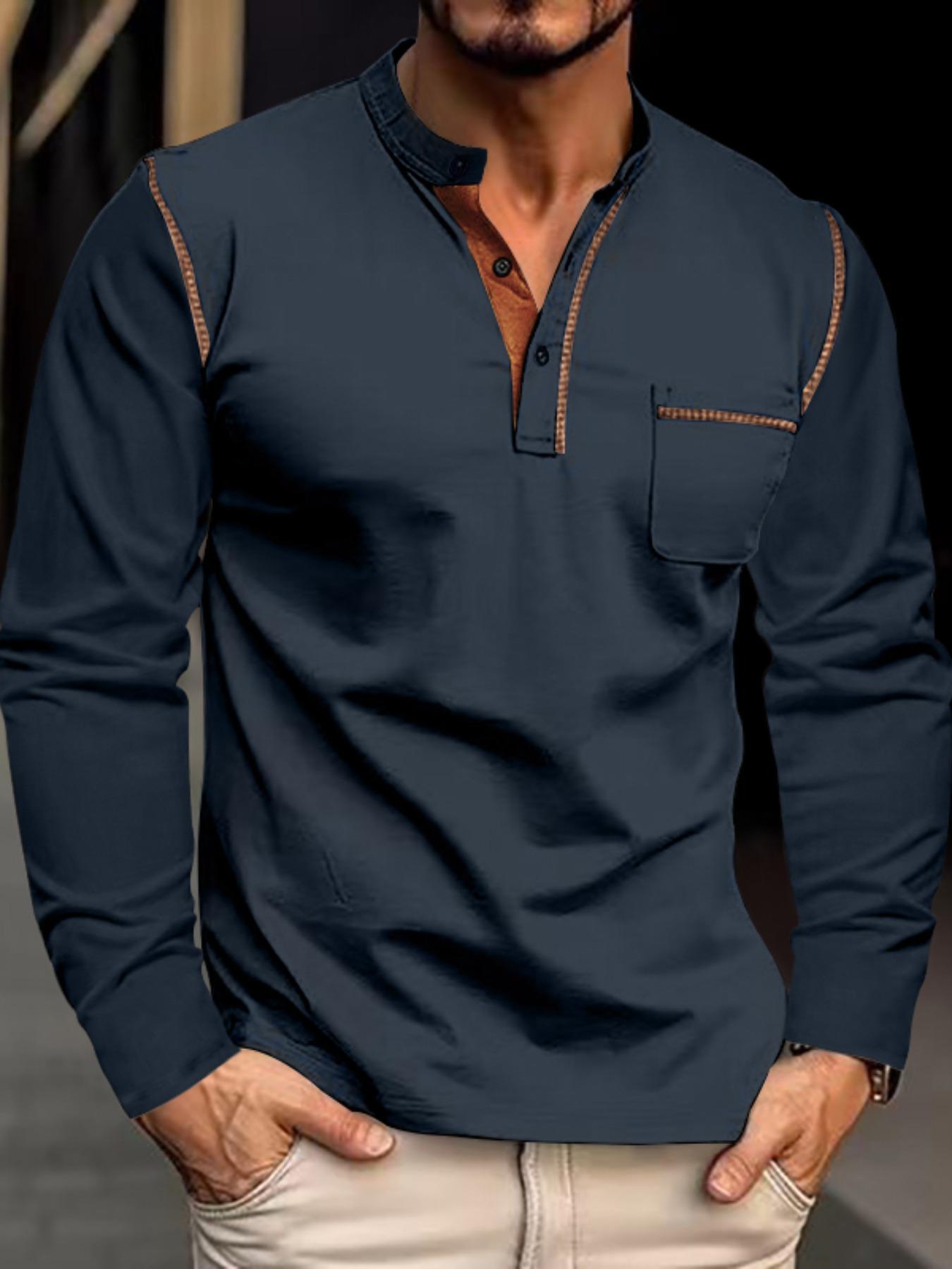 Men's Regular Fit Long Sleeve Pocket T-shirt, Casual Button Front Mock Neck Top for Spring & Fall, Fashion Men's Clothes for Daily Wear
