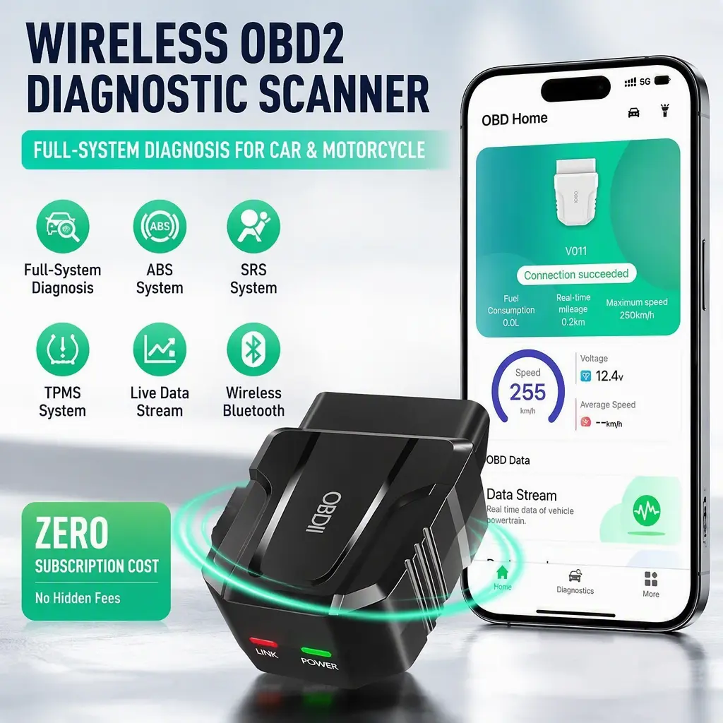Wireless Bluetooth OBD2 Diagnostic Tool, Plug‑and‑Play for Cars Motorcycles, Read Check Engine ABS SRS TPMS Faults & Real‑Time Live Data