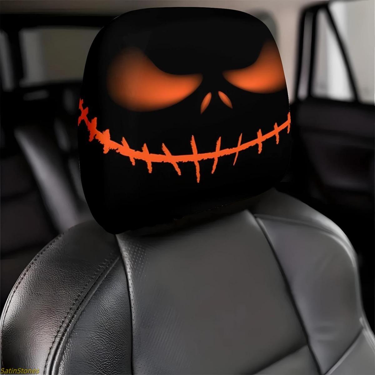 2 Pack Halloween Pumpkin Head Pillow Covers, Skull Design, Glowing Eyes, Car Ornaments, Spooky Car Accessories, Festive Atmosphere, Easy to Install, Universal Fit