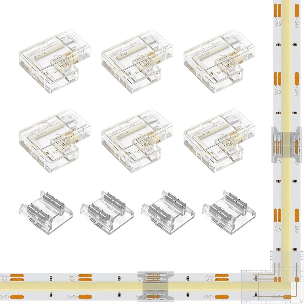 COB 10mm/0.39in Width LED Connector Kit 6 count 3 Pin Transparent Gapless L-Shaped 4 count 4Pin Strip to Strip Connectors for PWM FCOB CCT(+ CW WW) LED Lights
