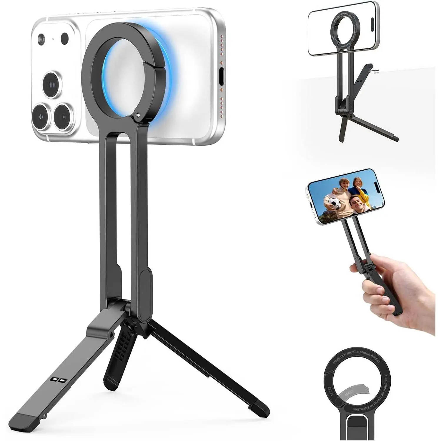 Magnetic Phone Tripod for iPhone - Portable Mini Tripod for MagSafe Pocket Cell Phone Stand, Strong Magnet Quick Mount Foldable Hook Compatible with iPhone 17 16 15 14 13 12 Series, Black