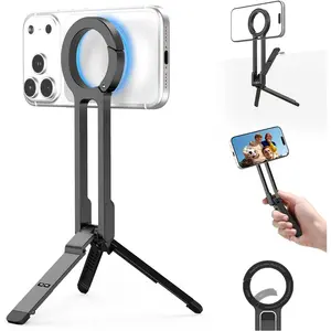 Magnetic Phone Tripod for iPhone - Portable Mini Tripod for MagSafe Pocket Cell Phone Stand, Strong Magnet Quick Mount Foldable Hook Compatible with iPhone 17 16 15 14 13 12 Series, Black