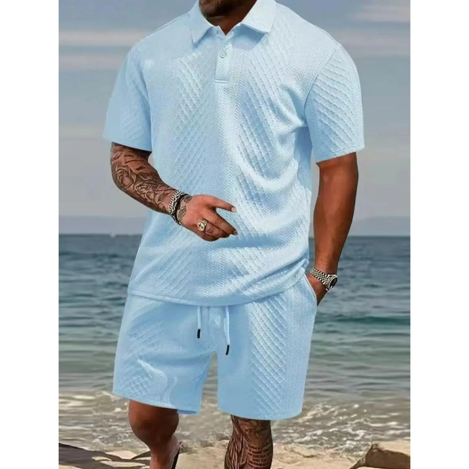 Mens 2 Piece Polo Shirt and Shorts Set Summer Casual Matching Outfit Textured Short Sleeve Polo Shirt Breathable Lightweight Loose Fit Drawstring Shorts Beach Vacation Resort Wear Golf Tennis Lounge Set Everyday Streetwear Comfortable Fashion Clothes for