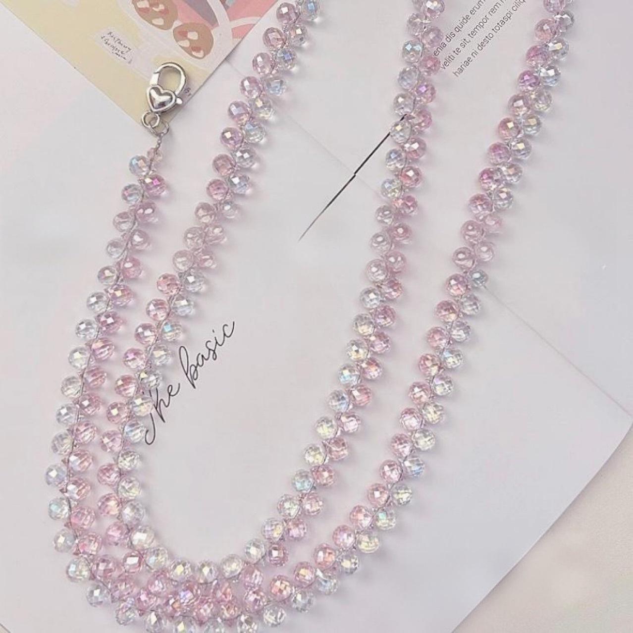 Original design mobile phone lanyard, long chain, handmade, strawberry pink and white crystal lanyard, crossbody shoulder strap, neck strap, bag chain