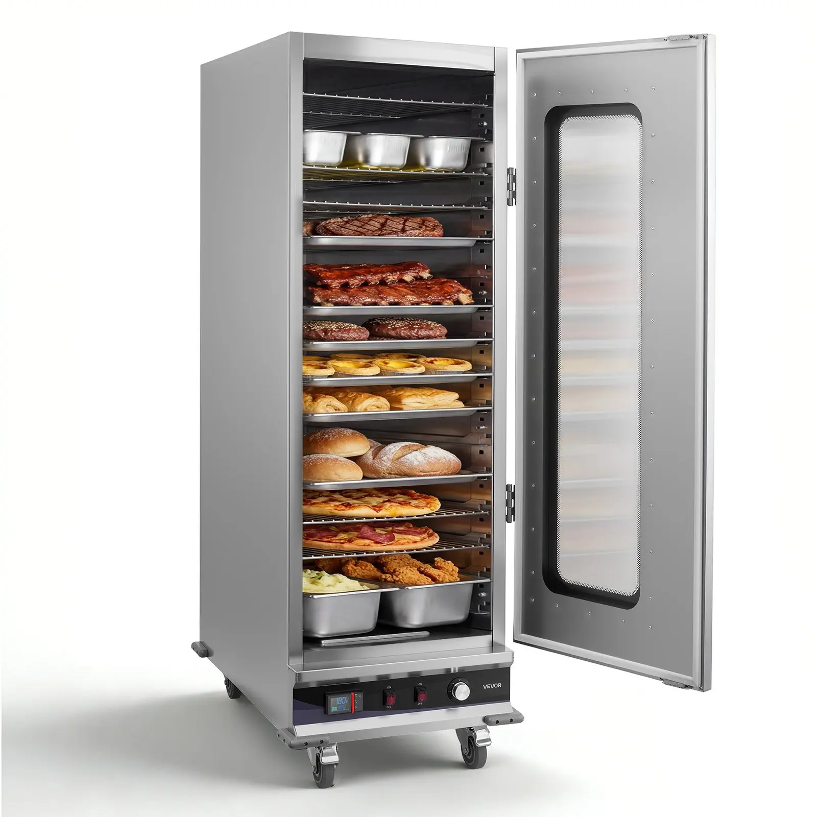 VEVOR 16-Tier Capacity Stainless Steel Electric Hot Box Food Warmer Cabinet, Large Volume Commercial Unit with Water Tray, Glass Door, Adjustable Shelves for Restaurant Use