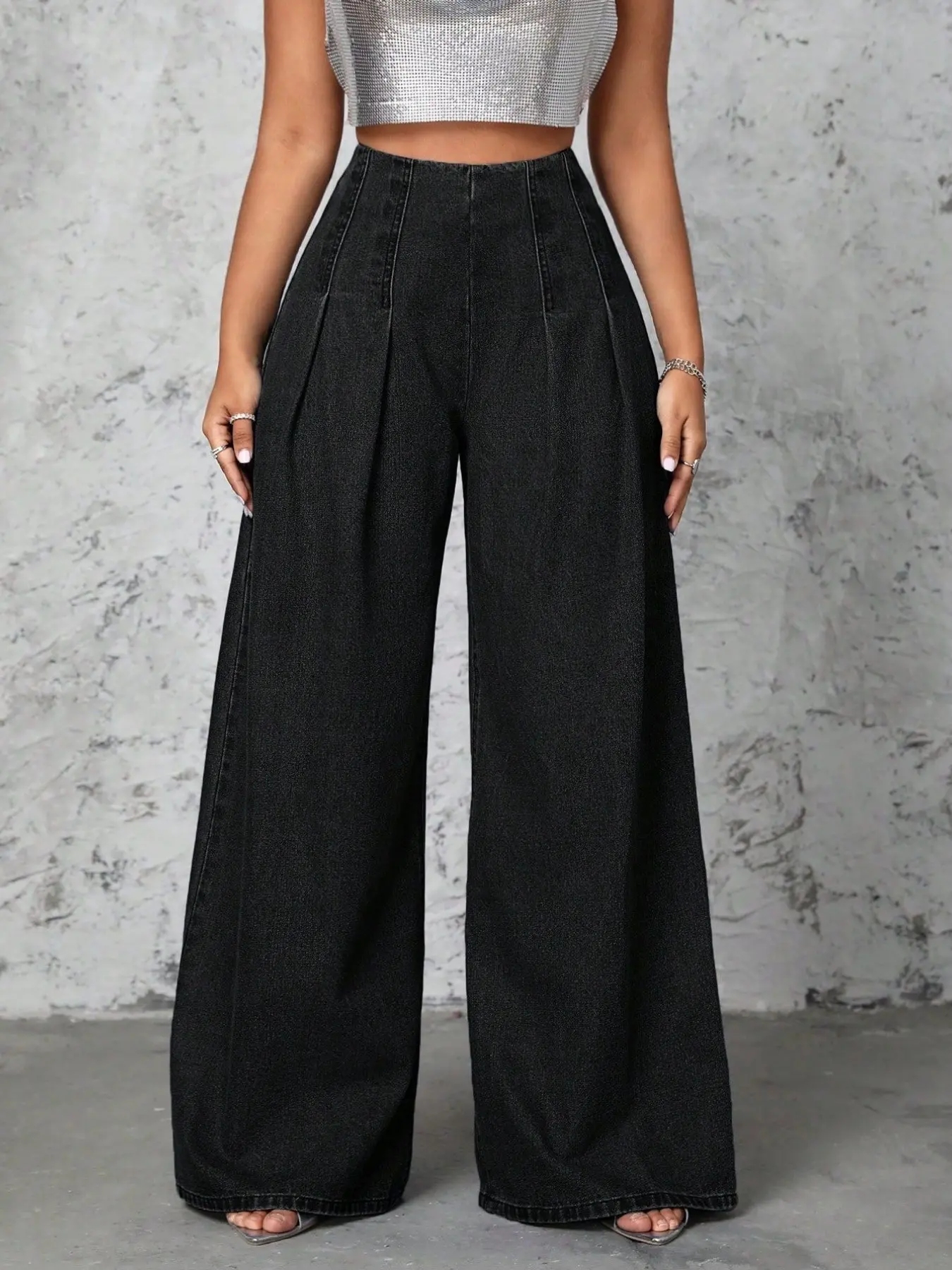 Vintage Distressed High-Waisted Pleated Jeans, Wide Leg Pants, Hip Hiding, Slimming, Floor-Length, Women's Fashion