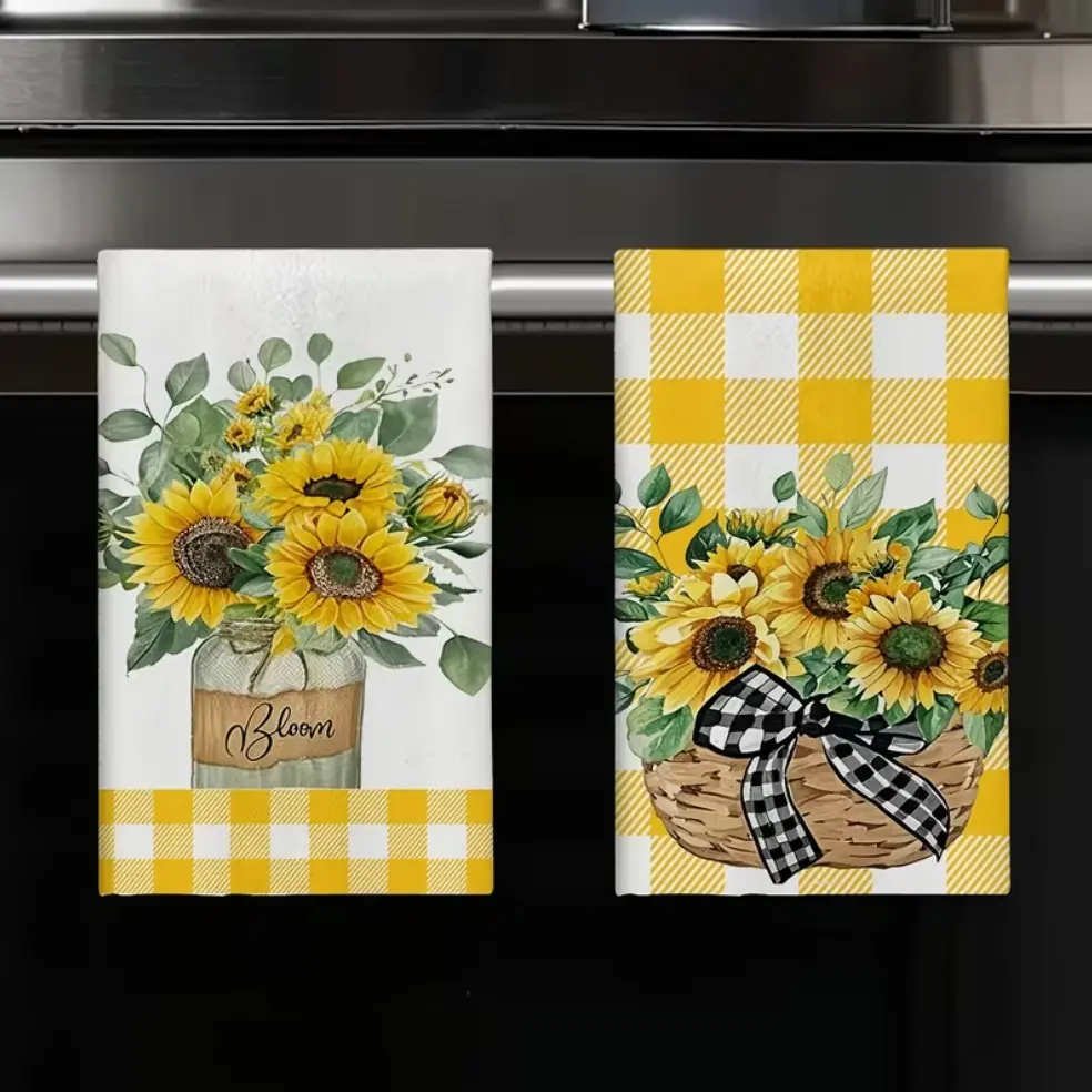 2pcs Cleaning Cloth, Sunflower Print Kitchen Towel, Farmhouse Style Decor, Super Soft and Highly Absorbent Dishcloth, Cooking Baking Tea Towel, Dishwashing Cloth, Hand Towel, Tea Towel, Kitchen Decor